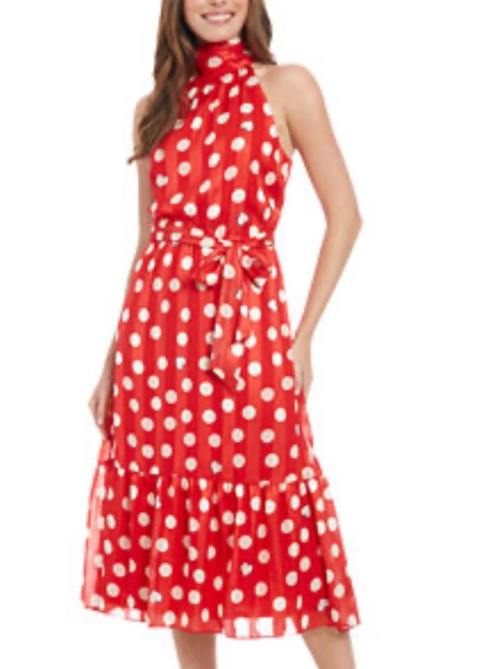 LONDON TIMES Red and White Polka Dot Sleeveless Satin Ruffled Hem Dress 16 NWT - Picture 3 of 12